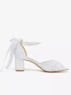 Lace Wedding Shoes Peep Toe Floral Beaded Pearls Chunky Heel Bridal Shoes