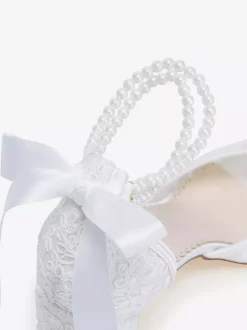 Lace Wedding Shoes Peep Toe Floral Beaded Pearls Chunky Heel Bridal Shoes