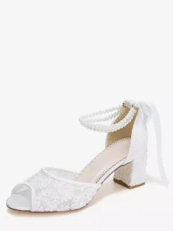 Lace Wedding Shoes Peep Toe Floral Beaded Pearls Chunky Heel Bridal Shoes