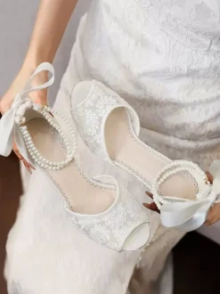 Lace Wedding Shoes Peep Toe Floral Beaded Pearls Chunky Heel Bridal Shoes