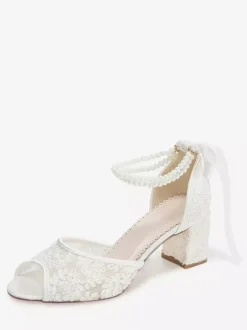 Lace Wedding Shoes Peep Toe Floral Beaded Pearls Chunky Heel Bridal Shoes