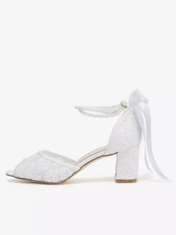 Lace Wedding Shoes Peep Toe Floral Beaded Pearls Chunky Heel Bridal Shoes