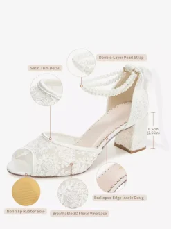 Lace Wedding Shoes Peep Toe Floral Beaded Pearls Chunky Heel Bridal Shoes