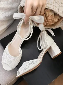 Lace Wedding Shoes Peep Toe Floral Beaded Pearls Chunky Heel Bridal Shoes