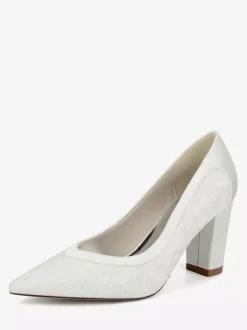 Lace Wedding Shoes Pointed Toe Chunky Heel Wedding Guest Shoes