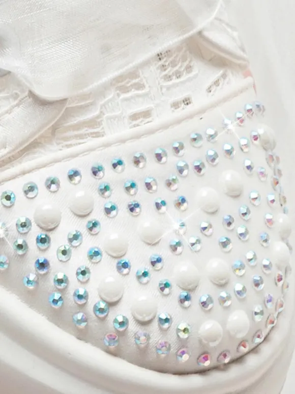 Lace Wedding Shoes Rhinestones Round Toe Lace Up Bridal Flats
