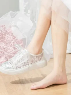 Lace Wedding Shoes Rhinestones Round Toe Lace Up Bridal Flats