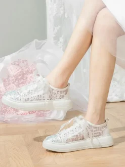 Lace Wedding Shoes Rhinestones Round Toe Lace Up Bridal Flats