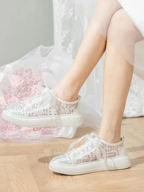 Lace Wedding Shoes Rhinestones Round Toe Lace Up Bridal Flats