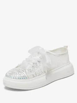 Lace Wedding Shoes Rhinestones Round Toe Lace Up Bridal Flats