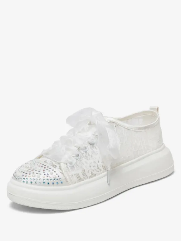 Lace Wedding Shoes Rhinestones Round Toe Lace Up Bridal Flats