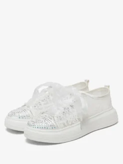Lace Wedding Shoes Rhinestones Round Toe Lace Up Bridal Flats