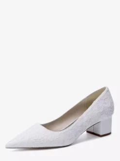 Lace Wedding Shoes Women's Pointed Toe Slip On Chunky Heel Pumps