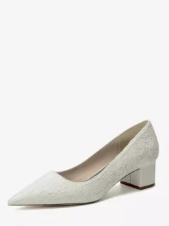 Lace Wedding Shoes Women's Pointed Toe Slip On Chunky Heel Pumps