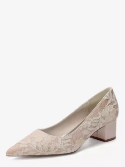 Lace Wedding Shoes Women's Pointed Toe Slip On Chunky Heel Pumps