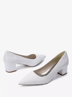 Lace Wedding Shoes Women's Pointed Toe Slip On Chunky Heel Pumps