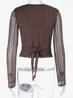 Lace Wrap V Neck Blouse For Women - Brown Vintage Long Sleeve Slim Fit Cropped Top - Spring Casual Daily Wear 2026