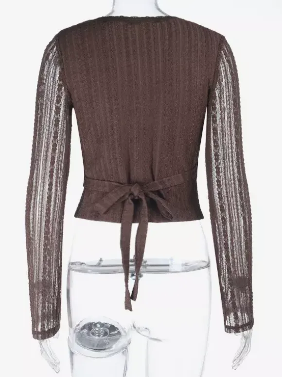 Lace Wrap V Neck Blouse For Women - Brown Vintage Long Sleeve Slim Fit Cropped Top - Spring Casual Daily Wear 2026