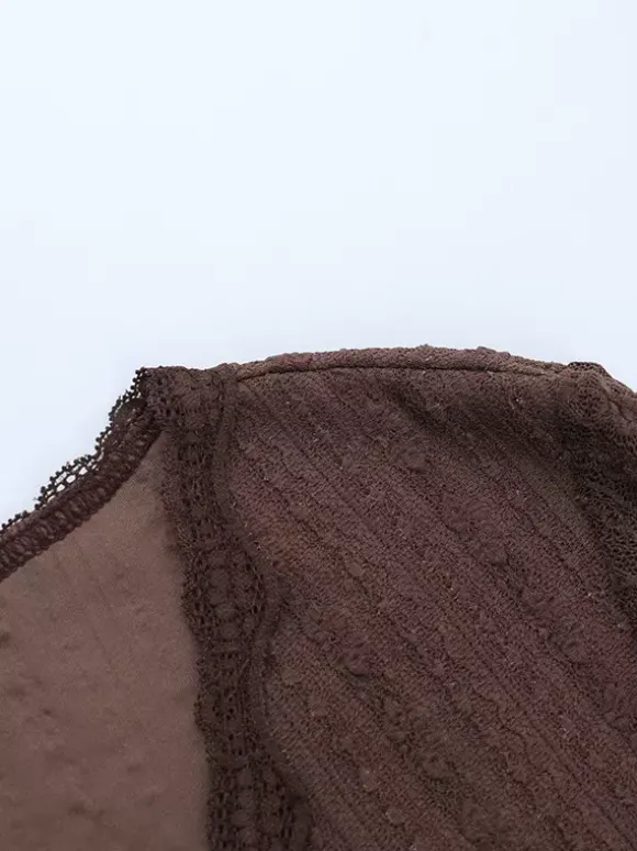 Lace Wrap V Neck Blouse For Women - Brown Vintage Long Sleeve Slim Fit Cropped Top - Spring Casual Daily Wear 2026