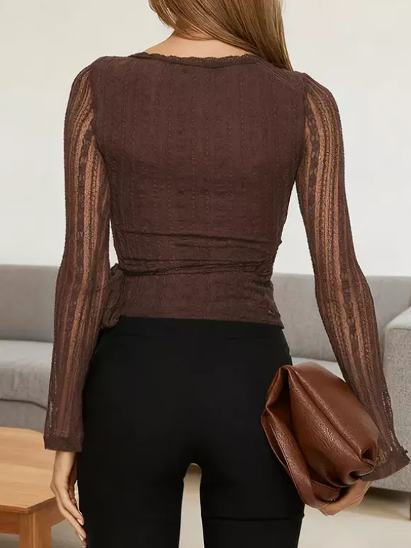 Lace Wrap V Neck Blouse For Women - Brown Vintage Long Sleeve Slim Fit Cropped Top - Spring Casual Daily Wear 2026