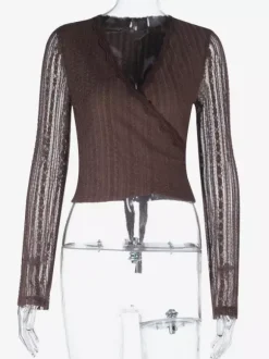 Lace Wrap V Neck Blouse For Women - Brown Vintage Long Sleeve Slim Fit Cropped Top - Spring Casual Daily Wear 2026
