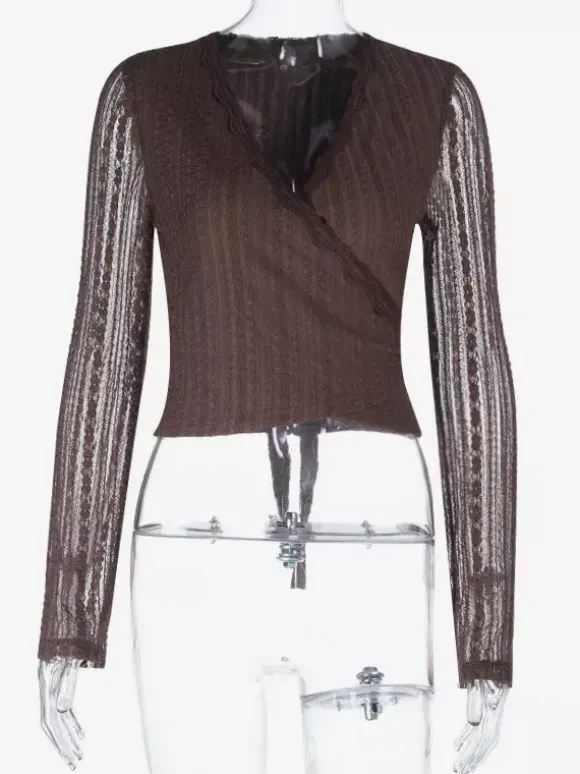 Lace Wrap V Neck Blouse For Women - Brown Vintage Long Sleeve Slim Fit Cropped Top - Spring Casual Daily Wear 2026