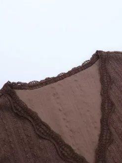 Lace Wrap V Neck Blouse For Women - Brown Vintage Long Sleeve Slim Fit Cropped Top - Spring Casual Daily Wear 2026