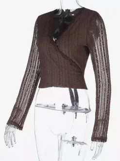 Lace Wrap V Neck Blouse For Women - Brown Vintage Long Sleeve Slim Fit Cropped Top - Spring Casual Daily Wear 2026
