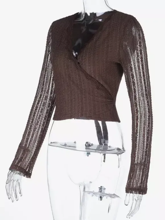 Lace Wrap V Neck Blouse For Women - Brown Vintage Long Sleeve Slim Fit Cropped Top - Spring Casual Daily Wear 2026