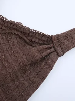 Lace Wrap V Neck Blouse For Women - Brown Vintage Long Sleeve Slim Fit Cropped Top - Spring Casual Daily Wear 2026