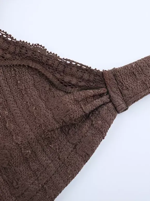 Lace Wrap V Neck Blouse For Women - Brown Vintage Long Sleeve Slim Fit Cropped Top - Spring Casual Daily Wear 2026