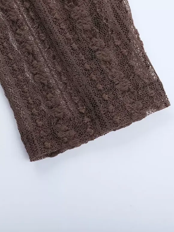 Lace Wrap V Neck Blouse For Women - Brown Vintage Long Sleeve Slim Fit Cropped Top - Spring Casual Daily Wear 2026