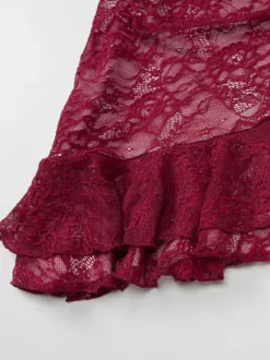 Lace Bodycon Dress In Burgundy Sleeveless Ruffles Hem Sexy Mini Club Dress For Women 2026