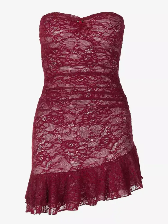 Lace Bodycon Dress In Burgundy Sleeveless Ruffles Hem Sexy Mini Club Dress For Women 2026