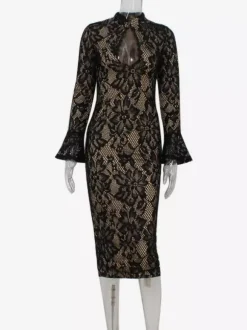 Lace Bodycon Midi Dress For Women - Black Vintage Keyhole Bell Sleeve Back Slit Sheath Dress - Spring Cocktail Party 2026