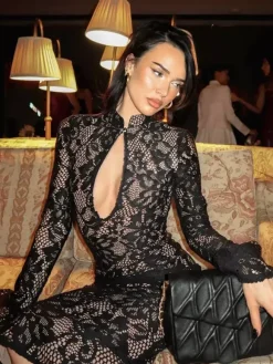 Lace Bodycon Midi Dress For Women - Black Vintage Keyhole Bell Sleeve Back Slit Sheath Dress - Spring Cocktail Party 2026
