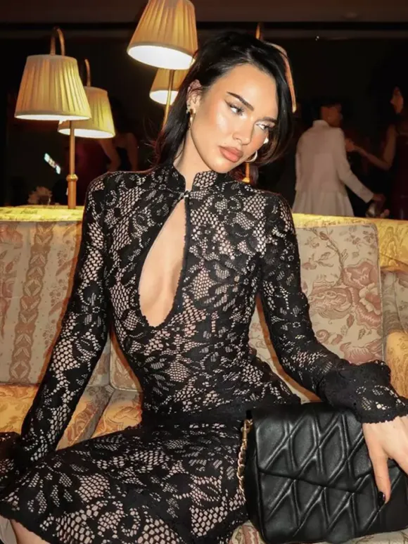 Lace Bodycon Midi Dress For Women - Black Vintage Keyhole Bell Sleeve Back Slit Sheath Dress - Spring Cocktail Party 2026