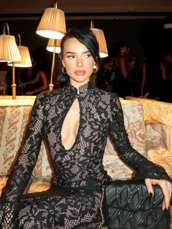Lace Bodycon Midi Dress For Women - Black Vintage Keyhole Bell Sleeve Back Slit Sheath Dress - Spring Cocktail Party 2026