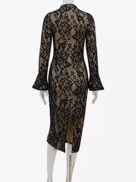 Lace Bodycon Midi Dress For Women - Black Vintage Keyhole Bell Sleeve Back Slit Sheath Dress - Spring Cocktail Party 2026