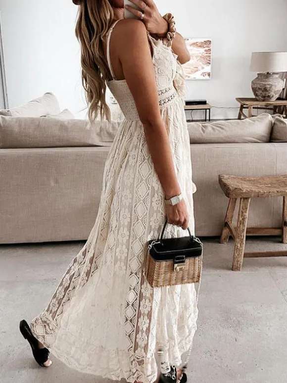 Lace Boho Long Slip Dress for Women - Tassel V Neck High Low Sundress- Summer Beach Vacation 2026
