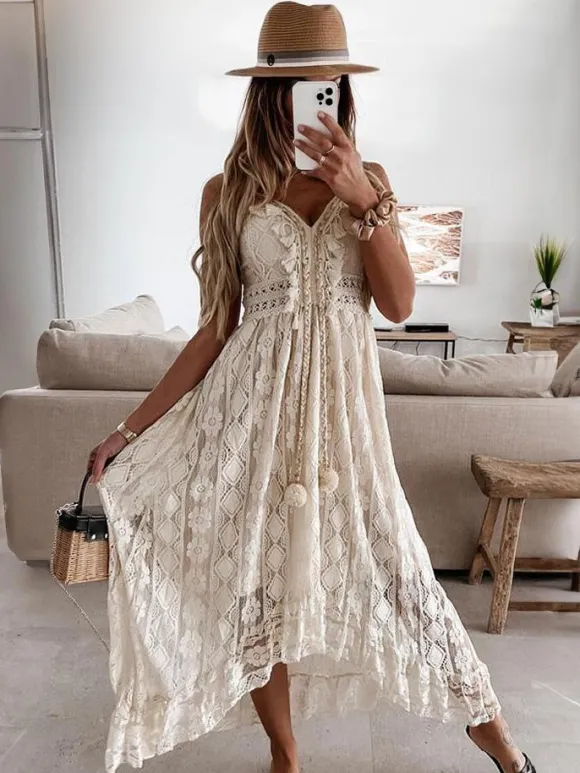 Lace Boho Long Slip Dress for Women - Tassel V Neck High Low Sundress- Summer Beach Vacation 2026