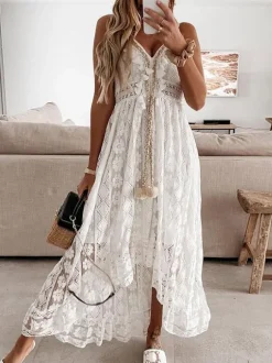 Lace Boho Long Slip Dress for Women - Tassel V Neck High Low Sundress- Summer Beach Vacation 2026