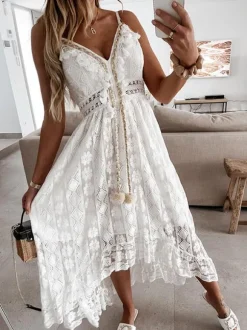 Lace Boho Long Slip Dress for Women - Tassel V Neck High Low Sundress- Summer Beach Vacation 2026