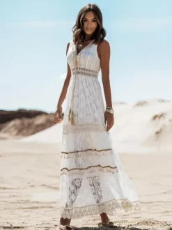 Lace Boho Maxi Dress For Women - Chic V Neck Sleeveless Hollow Out Sundress - Summer Beach Vacation 2026