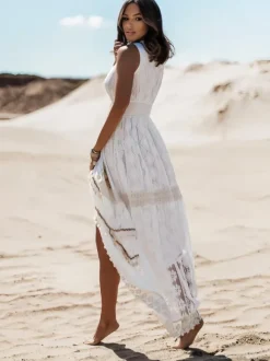 Lace Boho Maxi Dress For Women - Chic V Neck Sleeveless Hollow Out Sundress - Summer Beach Vacation 2026