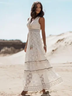 Lace Boho Maxi Dress For Women - Chic V Neck Sleeveless Hollow Out Sundress - Summer Beach Vacation 2026