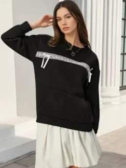 Lace Bow Crew Neck Oversized Sweatshirt Front Kangaroo Pocket Long Sleeve Pullover