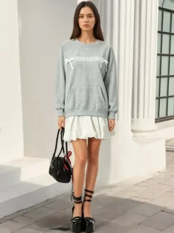 Lace Bow Crew Neck Oversized Sweatshirt Front Kangaroo Pocket Long Sleeve Pullover