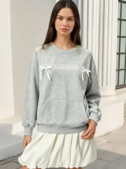 Lace Bow Crew Neck Oversized Sweatshirt Front Kangaroo Pocket Long Sleeve Pullover
