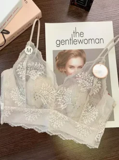 Lace Bralette Crop Top Wireless Sheer Lingerie With Thin Straps